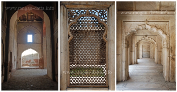 L: Arch of Zafar Mahal. M: Jali Work Moti Masjid. R: Arches of Moti Masjid
