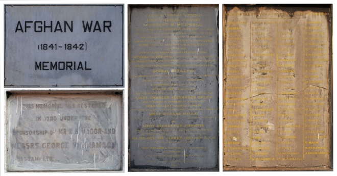 Afghan War Memorial Plaques (Top Left: Plaque at the entrance, Bottom Left: Restoration Info, Centre: Names of Commissioned Officers, Right: Names of non - commissioned officers)