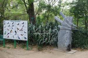 Board showing the bird in Lodi Garden and a modern art sculpture